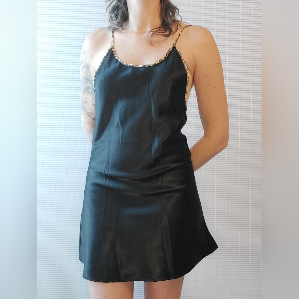 Vintage 90s Y2K Black Leopard Satin Nightie Nightgown Lingerie Medium - Picture 2 of 9